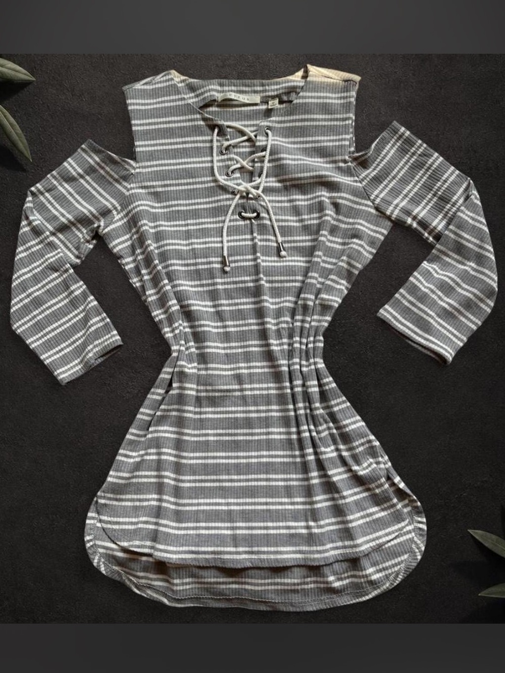 Cyrus Gray and White Striped Lace-Up Tunic